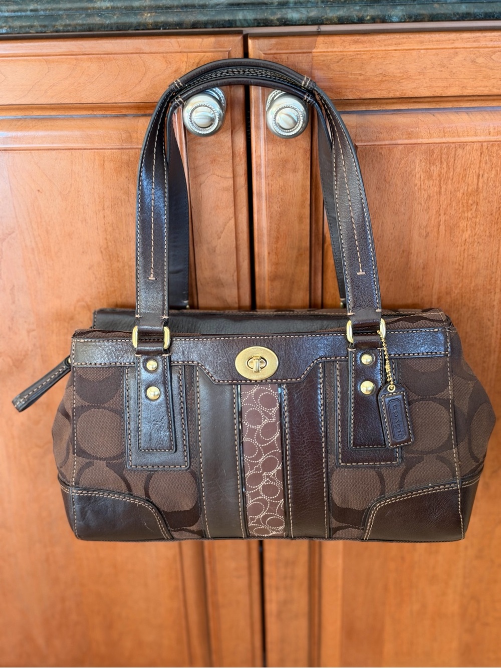 Vintage Coach Brown Signature Leather-Trim Shoulder Bag